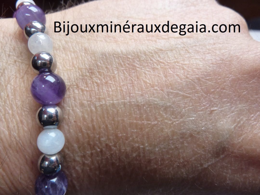 Bracelet Pierre de lune-Améthyste-Hématite: perles rondes 8-6 mm
