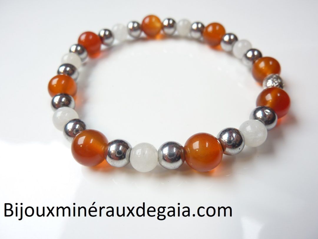Bracelet Pierre de lune-Cornaline-Hématite: perles rondes 8-6 mm