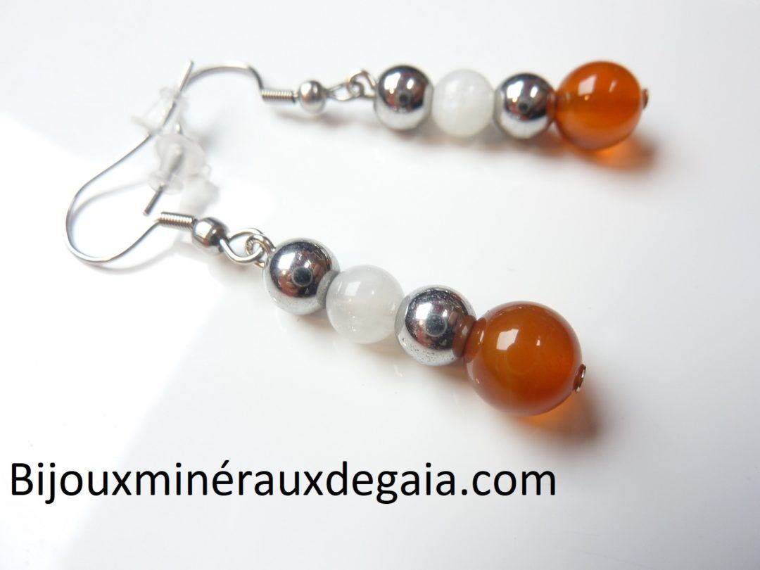 Boucles d'oreilles Pierre de lune-Cornaline-Hématite: perles rondes 8-6 mm