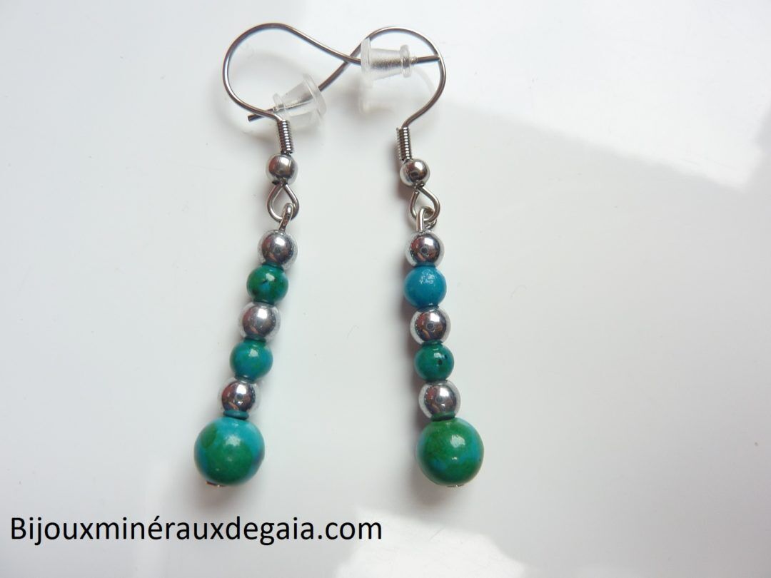Boucles d'oreilles AZURITE CHRYSOCOLLE-HEMATITE : PERLES RONDES 6-4 MM