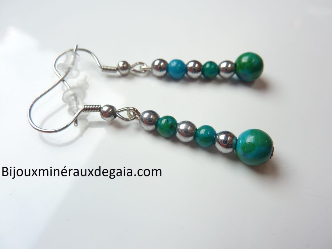 Boucles d'oreilles AZURITE CHRYSOCOLLE-HEMATITE : PERLES RONDES 6-4 MM