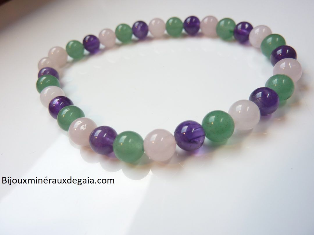 Bracelet Améthyste-Lapis lazuli-Quartz rose-Aventurine verte perles rondes 6 mm
