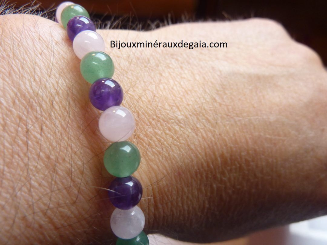 Bracelet Améthyste-Lapis lazuli-Quartz rose-Aventurine verte perles rondes 6 mm
