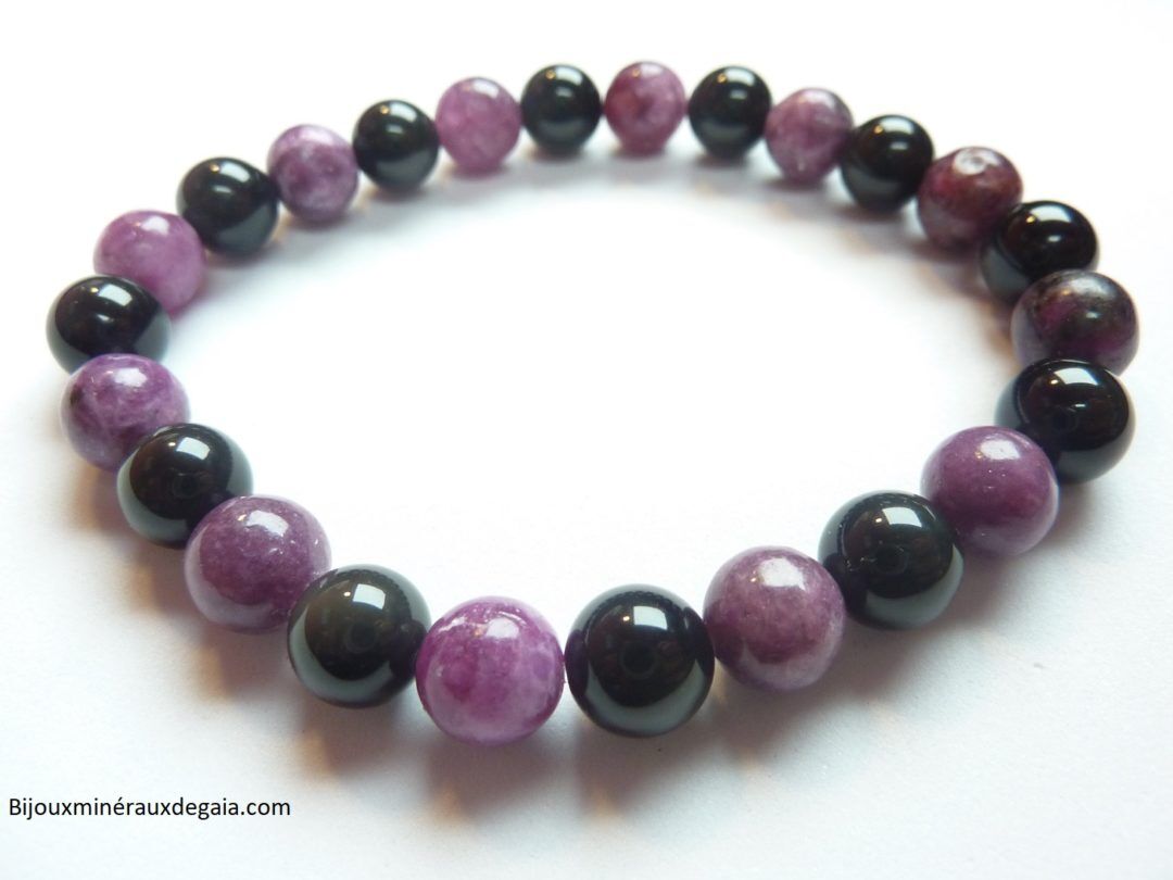 Bracelet Lépidolite-Obsidienne Oeil céleste perles rondes 8 mm Confiance en soi