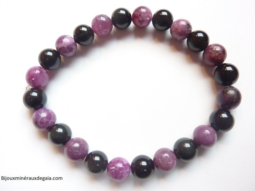 Bracelet Lépidolite-Obsidienne Oeil céleste perles rondes 8 mm Confiance en soi