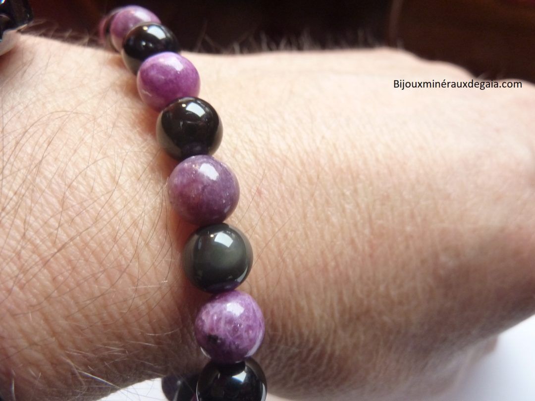 Bracelet Lépidolite-Obsidienne Oeil céleste perles rondes 8 mm Confiance en soi
