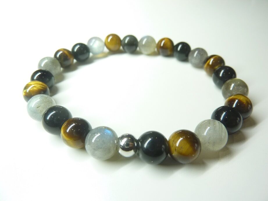 Bracelet protection oeil de tigre labradorite obsidienne oeil céleste perles rondes de 8mm