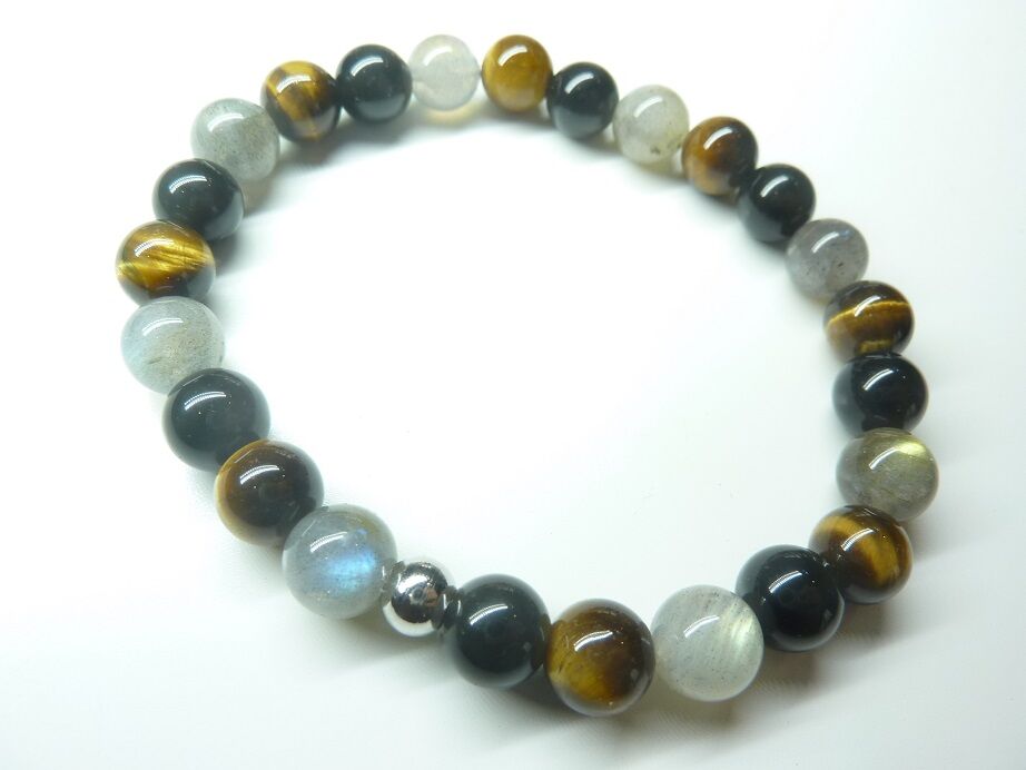 Bracelet protection oeil de tigre labradorite obsidienne oeil céleste perles rondes de 8mm