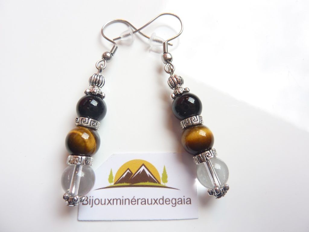Boucles d'oreilles quartz cristal de roche-Oeil de tigre-Tourmaline noire - 8 mm