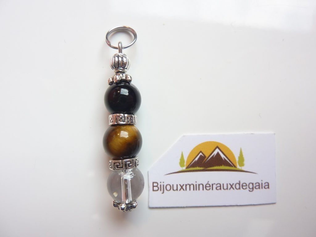 Pendentif quartz cristal de roche-Oeil de tigre-Tourmaline noire - 8 mm