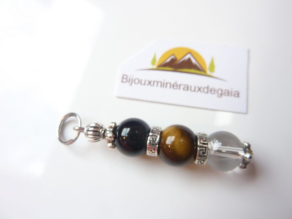 Pendentif quartz cristal de roche-Oeil de tigre-Tourmaline noire - 8 mm