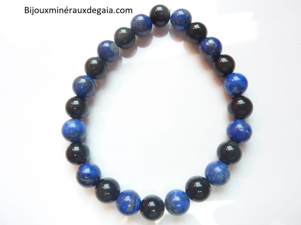 Bracelet Lapis lazuli-Obsidienne oeil céleste perles rondes 8 mm