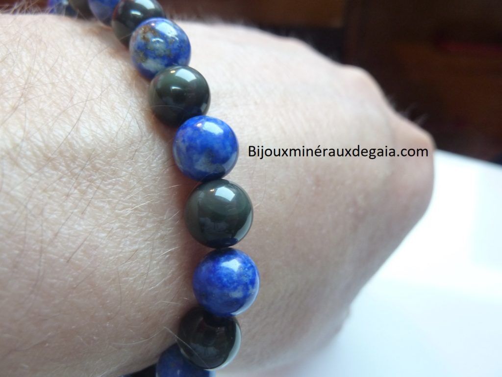 Bracelet Lapis lazuli-Obsidienne oeil céleste perles rondes 8 mm