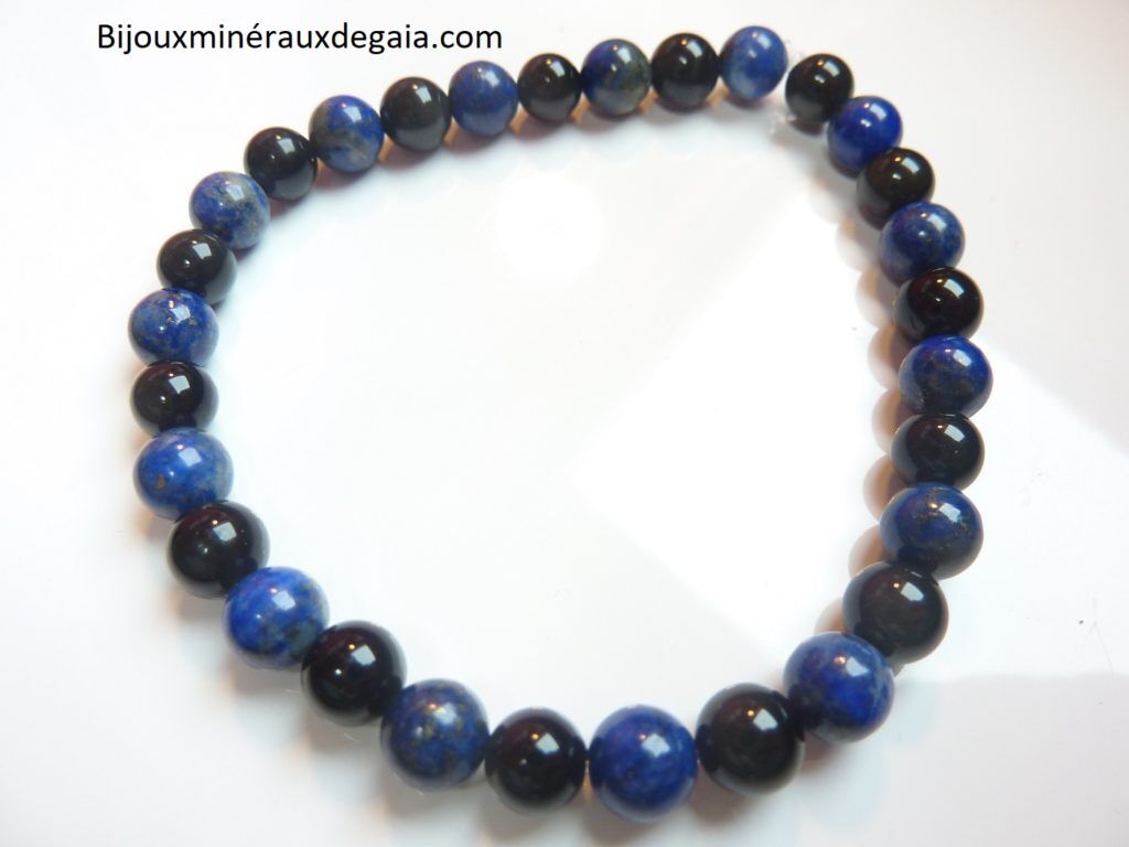 Bracelet Lapis lazuli-Obsidienne oeil céleste perles rondes 6 mm