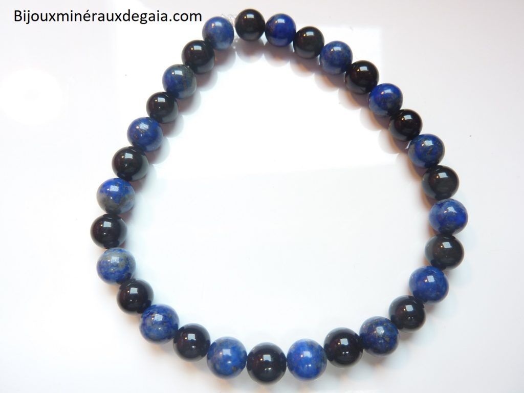 Bracelet Lapis lazuli-Obsidienne oeil céleste perles rondes 6 mm