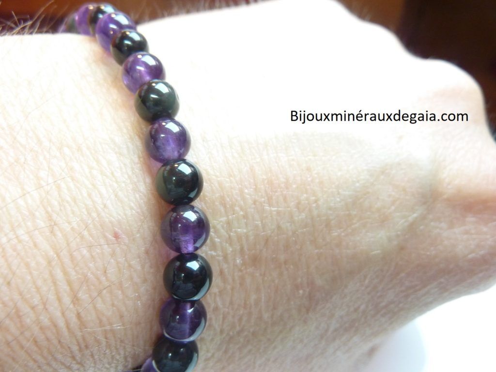 Bracelet Améthyste-Obsidienne oeil céleste perles 6 mm