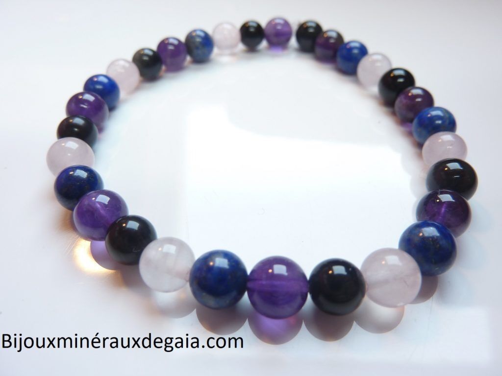 Bracelet Quartz rose-Améthyste-Lapis lazuli-Obsidienne oeil céleste perles 6 mm