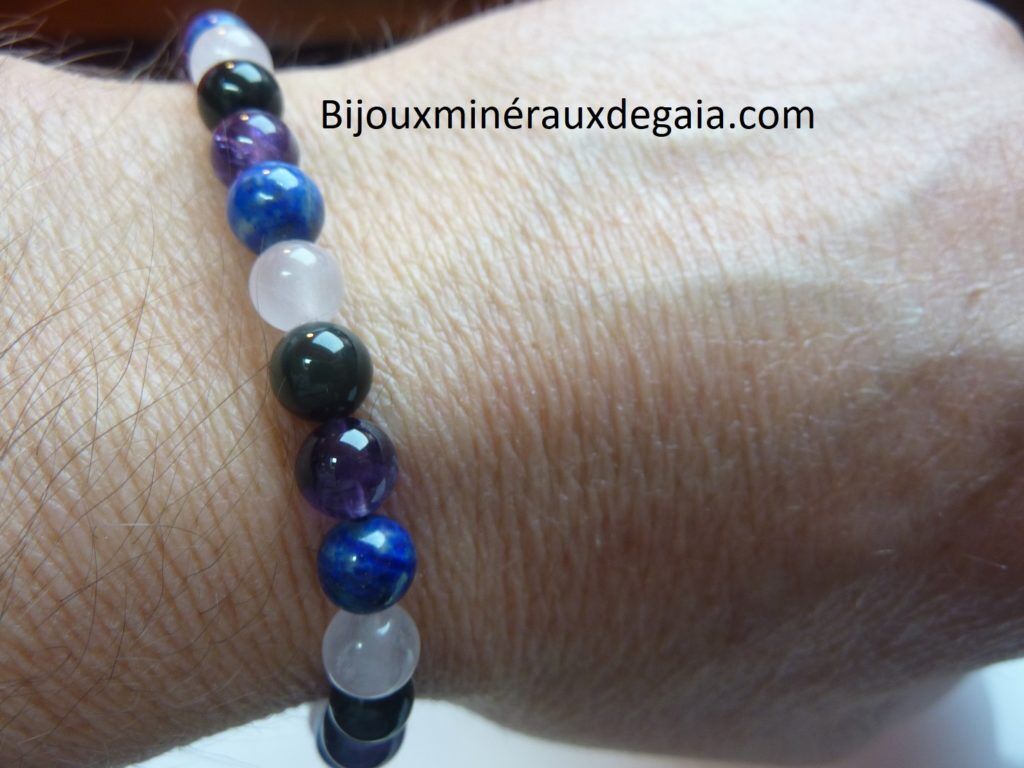 Bracelet Quartz rose-Améthyste-Lapis lazuli-Obsidienne oeil céleste perles 6 mm