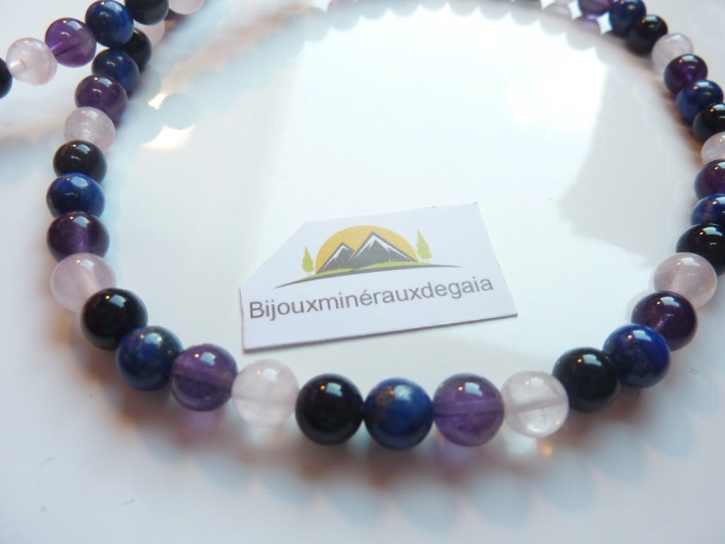 Collier-bracelet Quartz rose-Améthyste-Lapis lazuli-Obsidienne oeil céleste