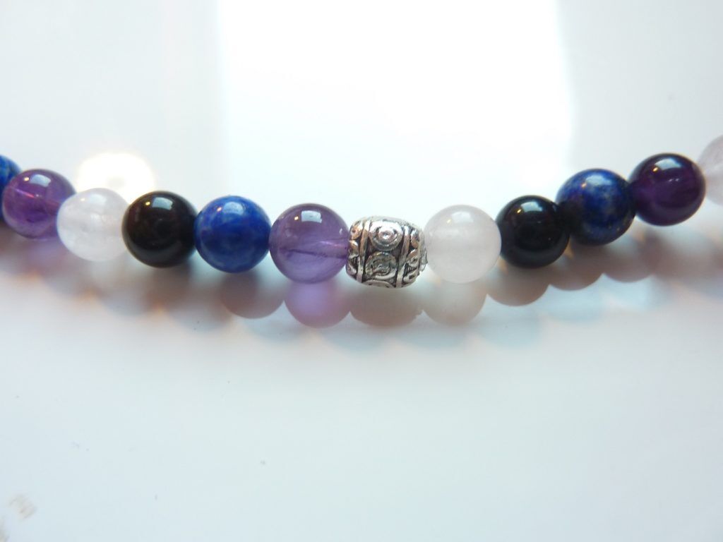 Collier-bracelet Quartz rose-Améthyste-Lapis lazuli-Obsidienne oeil céleste