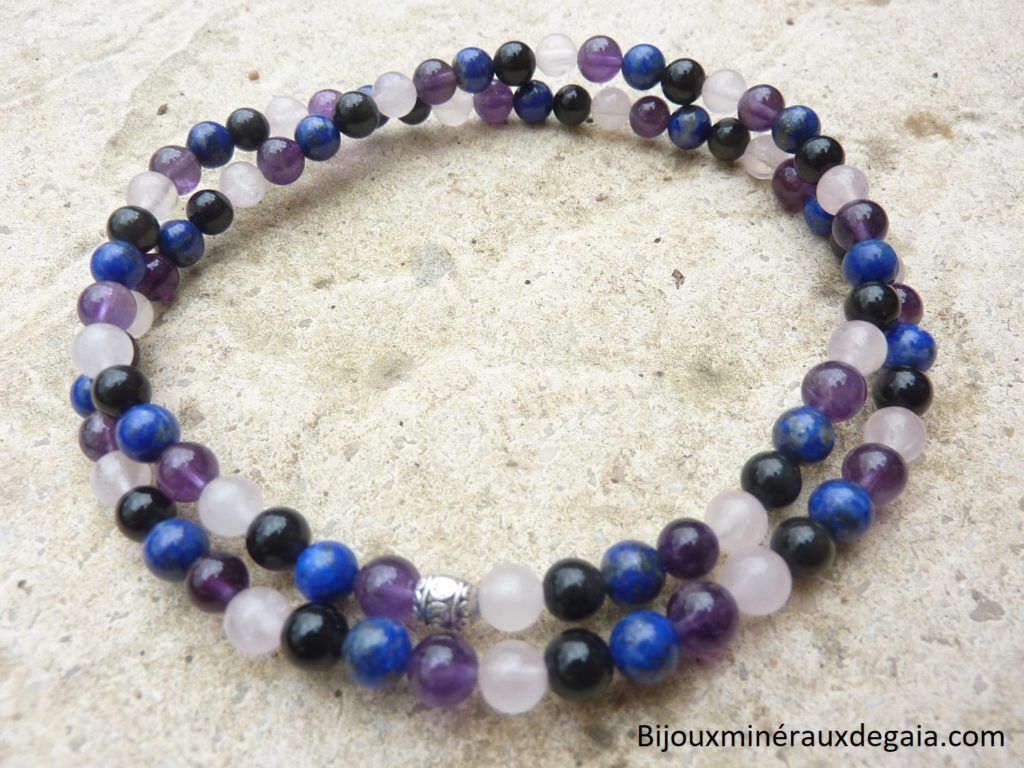 Collier-bracelet Quartz rose-Améthyste-Lapis lazuli-Obsidienne oeil céleste