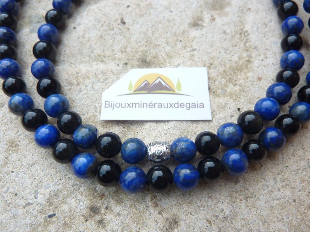 Collier Lapis lazuli-Obsidienne oeil céleste perles rondes 6 mm