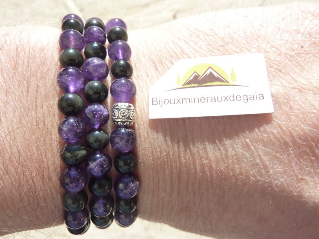 Collier ou bracelet Améthyste-Obsidienne oeil céleste perles rondes 6 mm