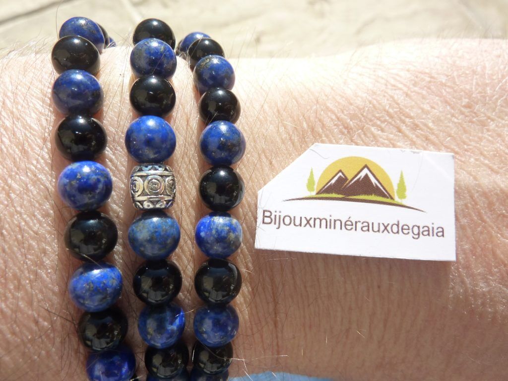 Collier ou bracelet Lapis lazuli-Obsidienne oeil céleste perles rondes 6 mm