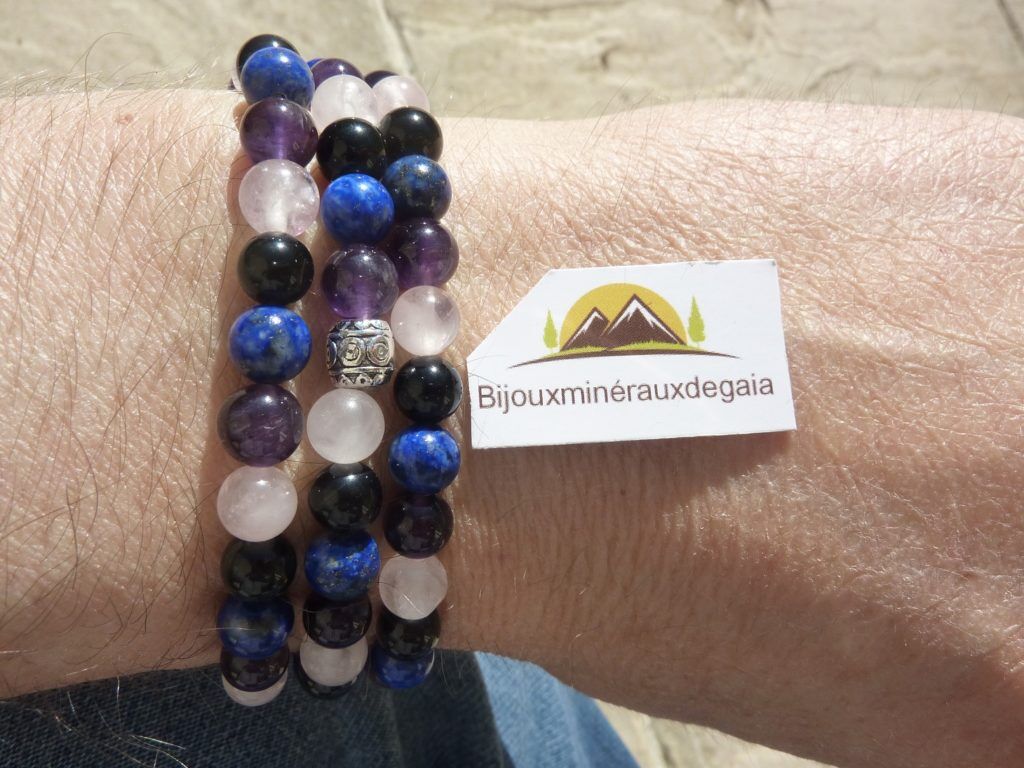 Collier-bracelet Quartz rose-Améthyste-Lapis lazuli-Obsidienne oeil céleste