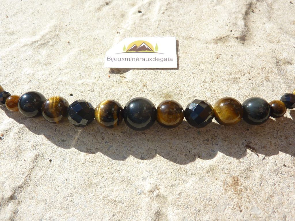 Bracelet-Collier Spinelle noir-Obsidienne Oeil céleste-Oeil de tigre