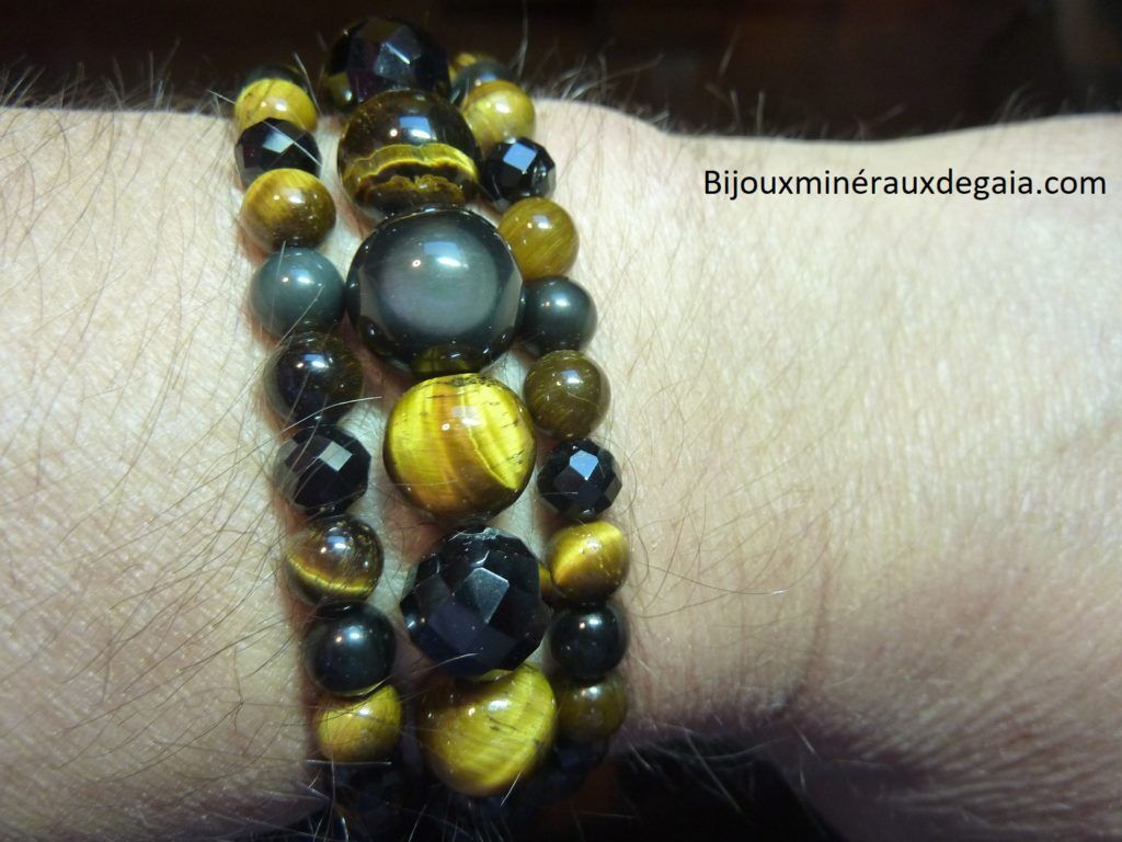 Bracelet-Collier Spinelle noir-Obsidienne Oeil céleste-Oeil de tigre