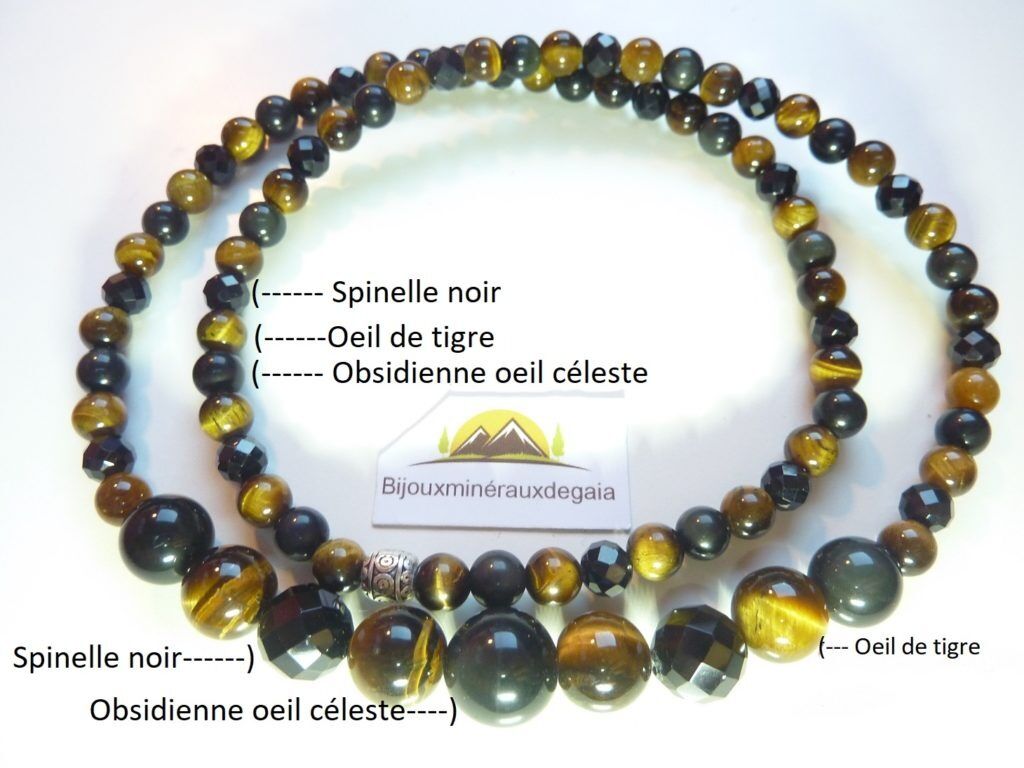 Bracelet-Collier Spinelle noir-Obsidienne Oeil céleste-Oeil de tigre