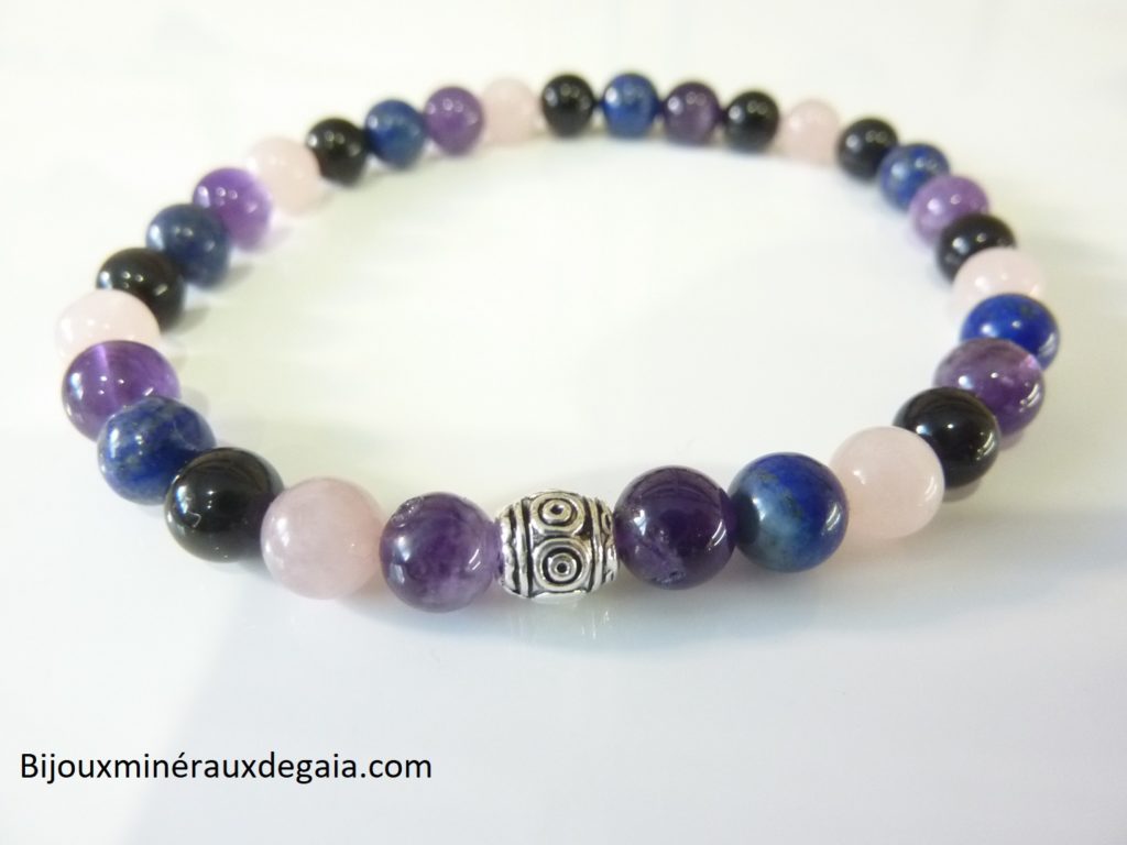 Bracelet Quartz rose-Améthyste-Lapis lazuli-Obsidienne oeil céleste perles 6 mm