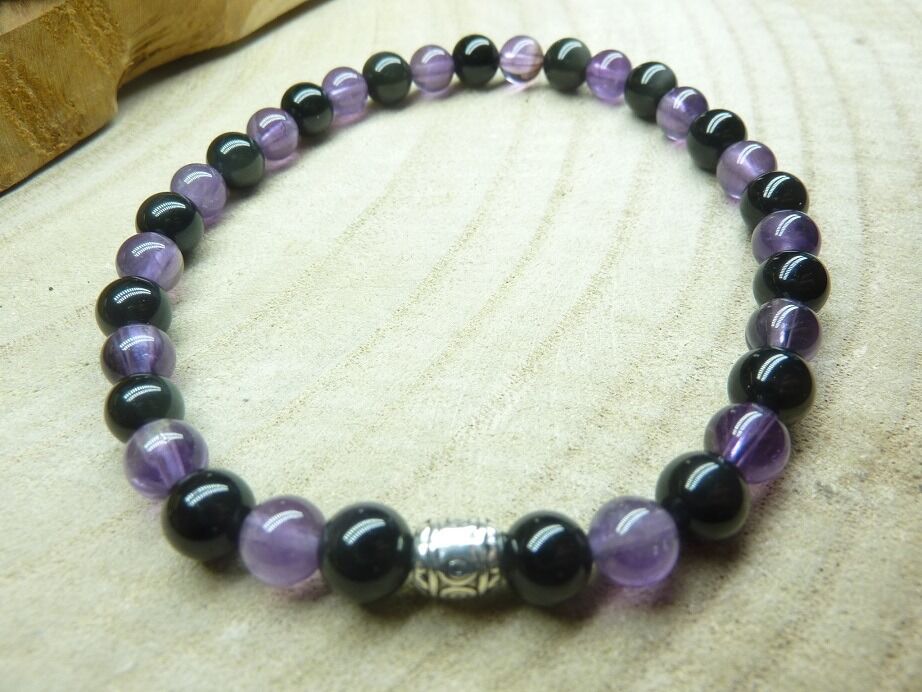 Bracelet Améthyste-Obsidienne oeil céleste perles 6 mm