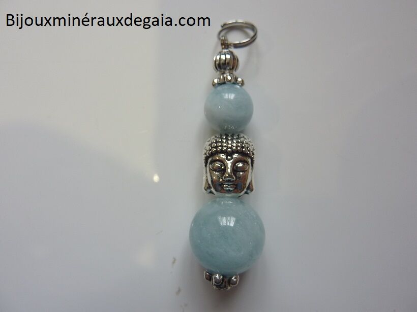 Pendentif aigue marine Bouddha - perle rondes 12-8 mm