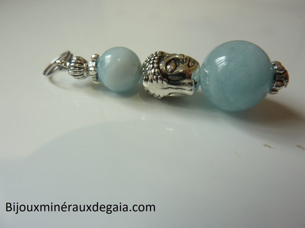 Pendentif aigue marine Bouddha - perle rondes 12-8 mm