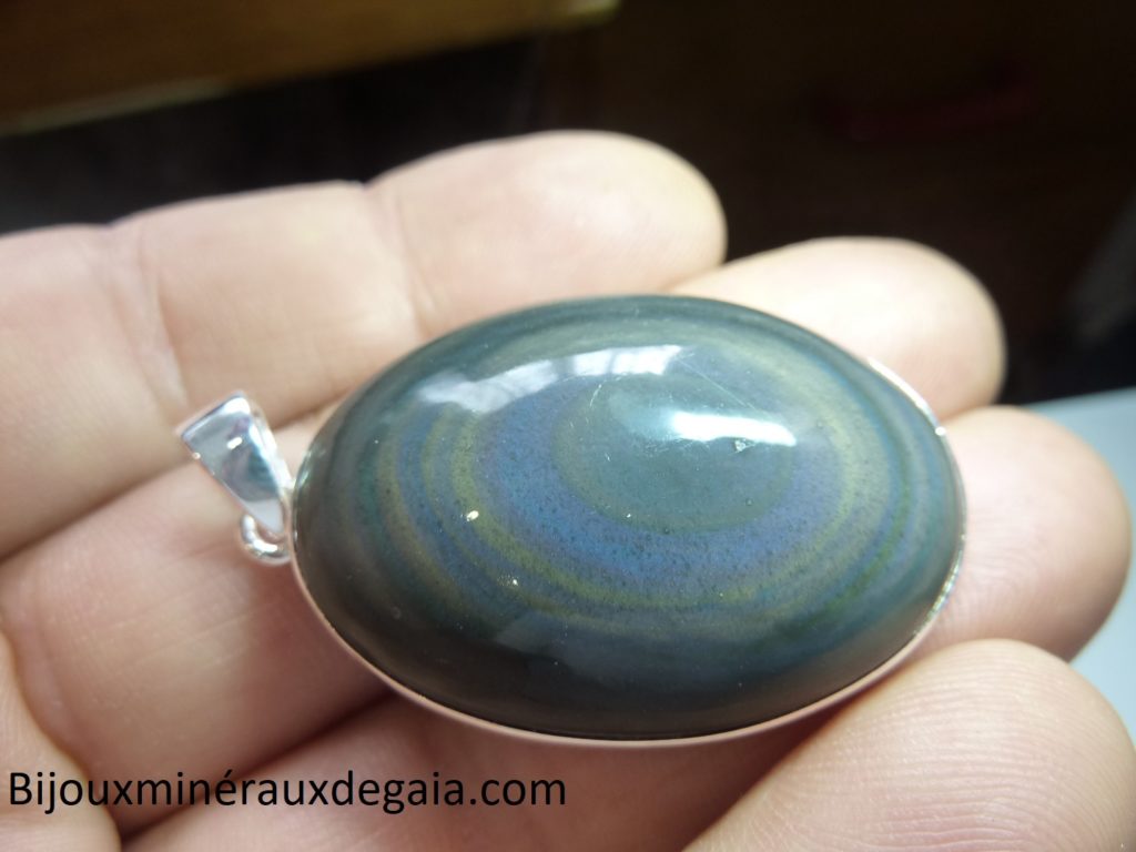 Pendentif obsidienne oeil celeste monture argent 925 r 3906