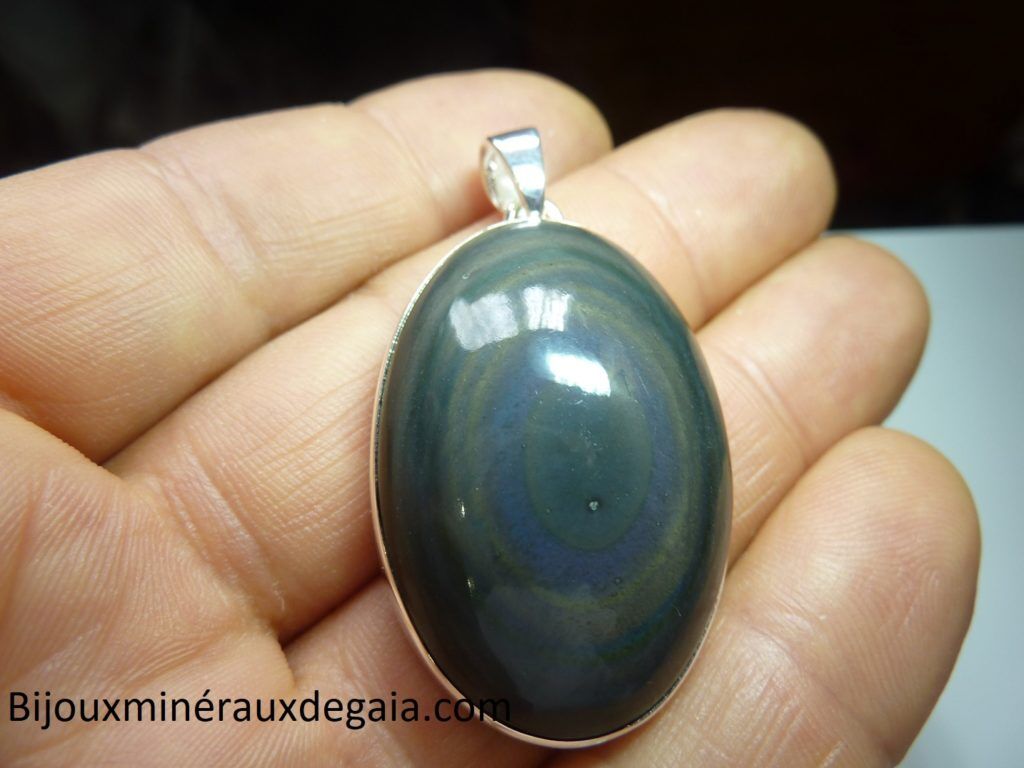 Pendentif obsidienne oeil celeste monture argent 925 r 3906
