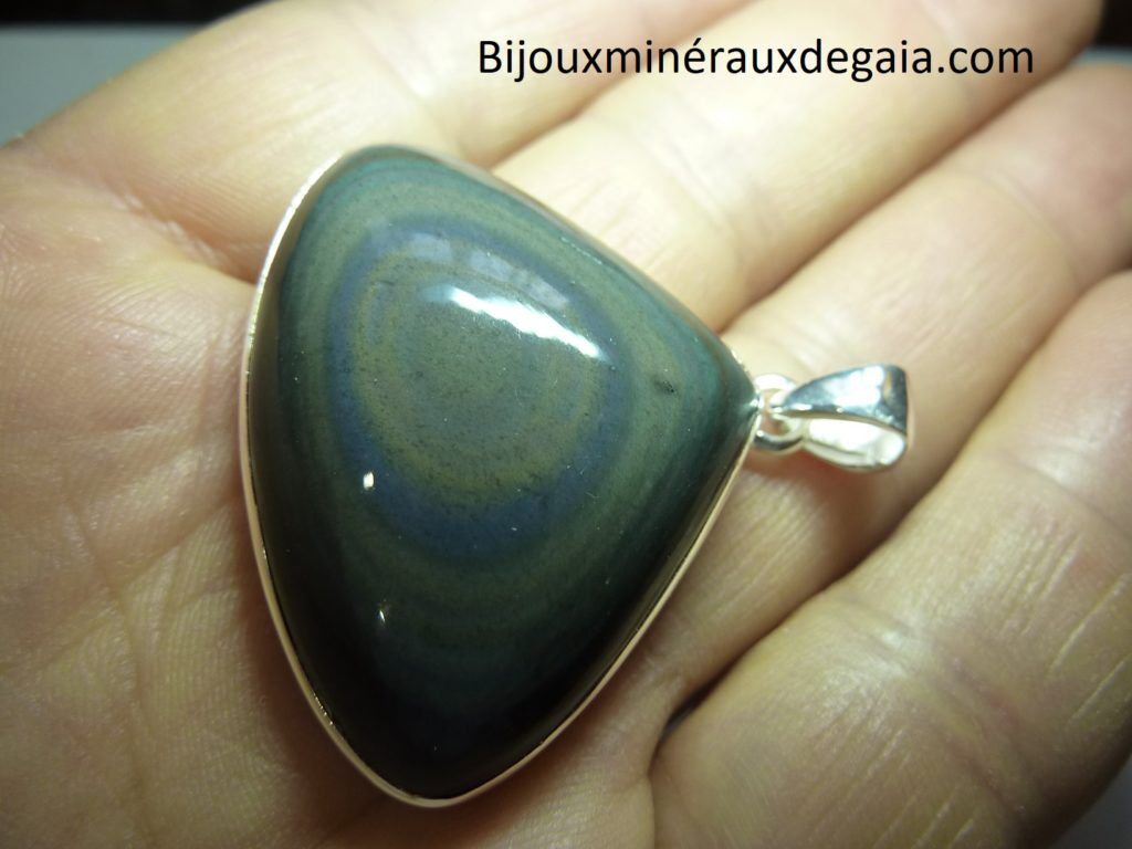 Pendentif obsidienne oeil celeste monture argent 925 r 6574