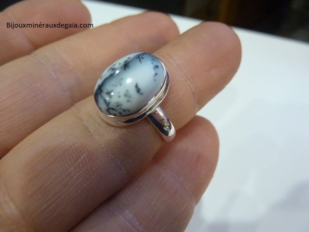 Bague Merlinite opale dentritique Monture argent 925 Taille 54 REF 6458