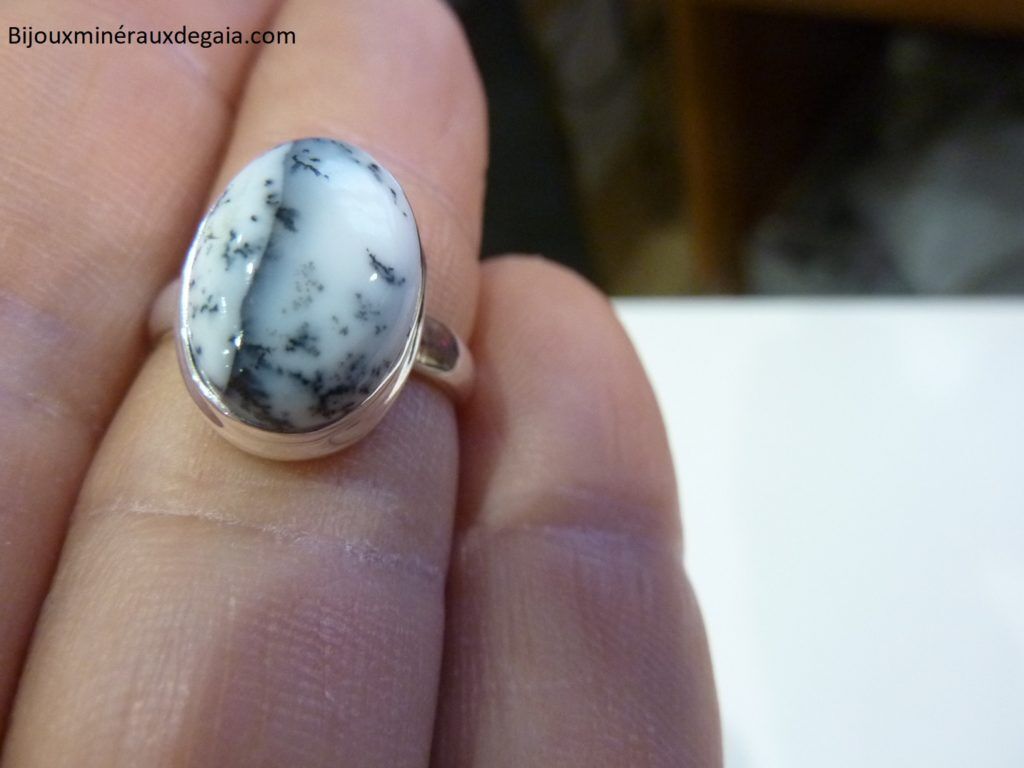 Bague Merlinite opale dentritique Monture argent 925 Taille 54 REF 6458