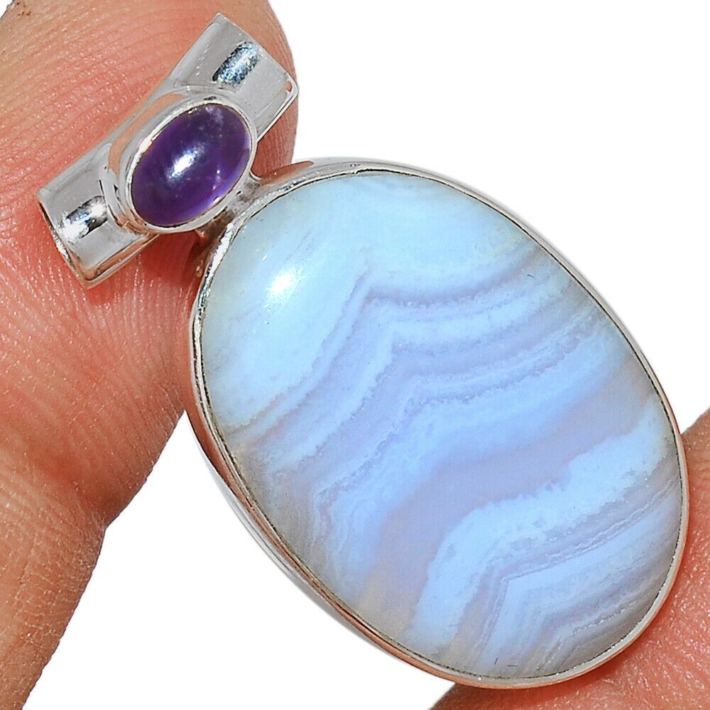 Pendentif calcédoine bleu-Améthyste monture argent 925 ref 0561