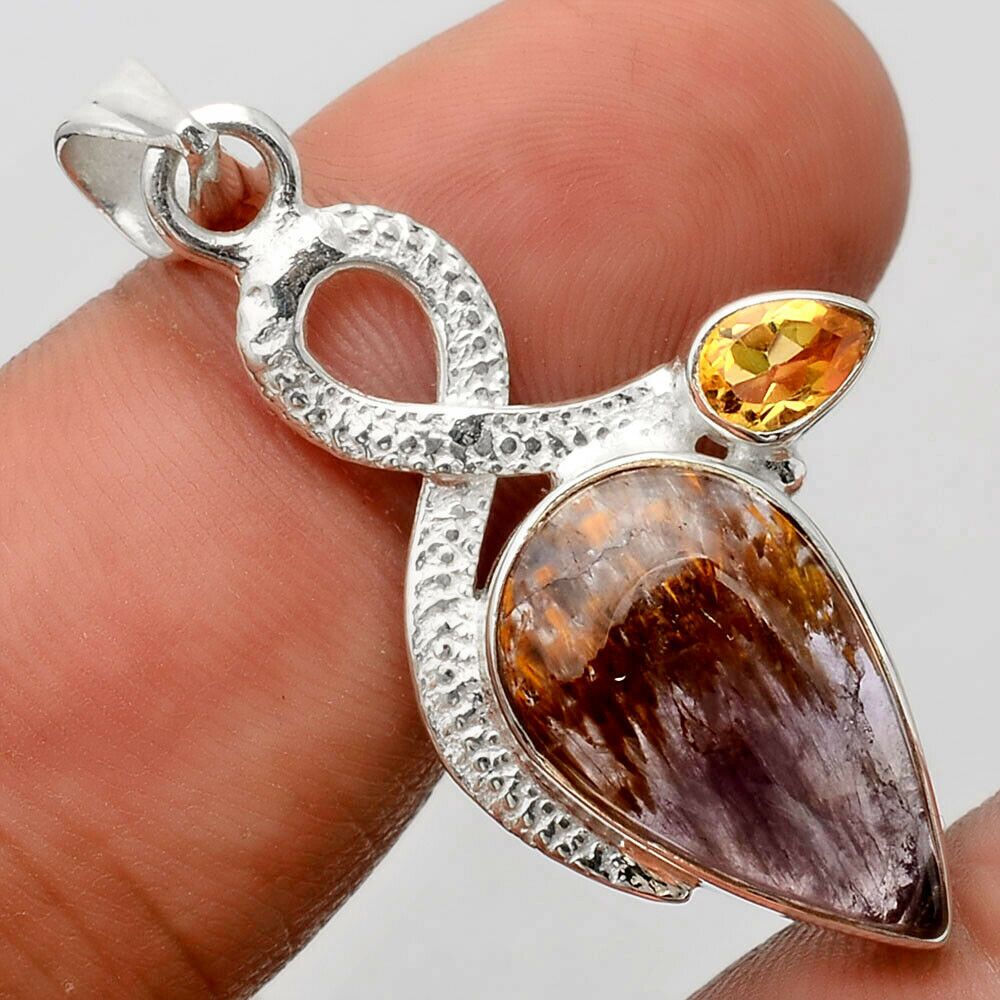 Pendentif Cacoxénite super seven et Citrine argent 925 très rare Ref 8128