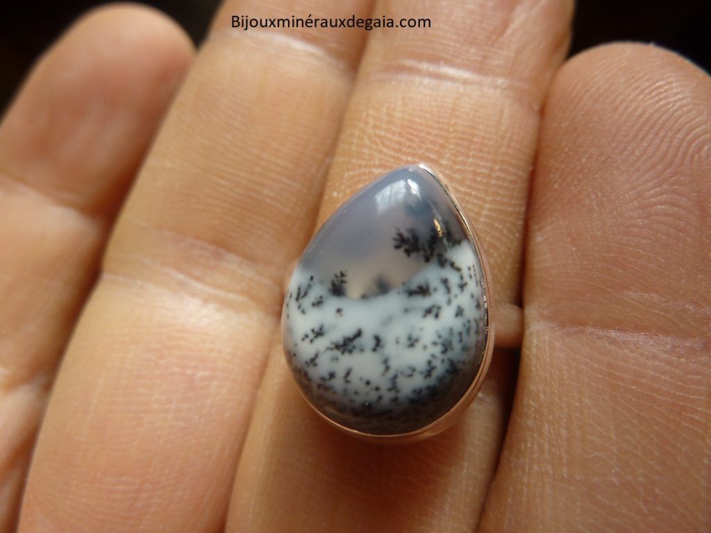 Bague Merlinite opale dentritique Monture argent 925 Taille 58 1/2 REF 7909