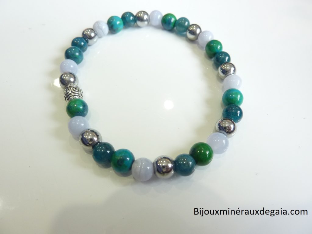Bracelet Apatite-Hématite-chrysocolle-calcédoine bleue perles rondes 6 mm