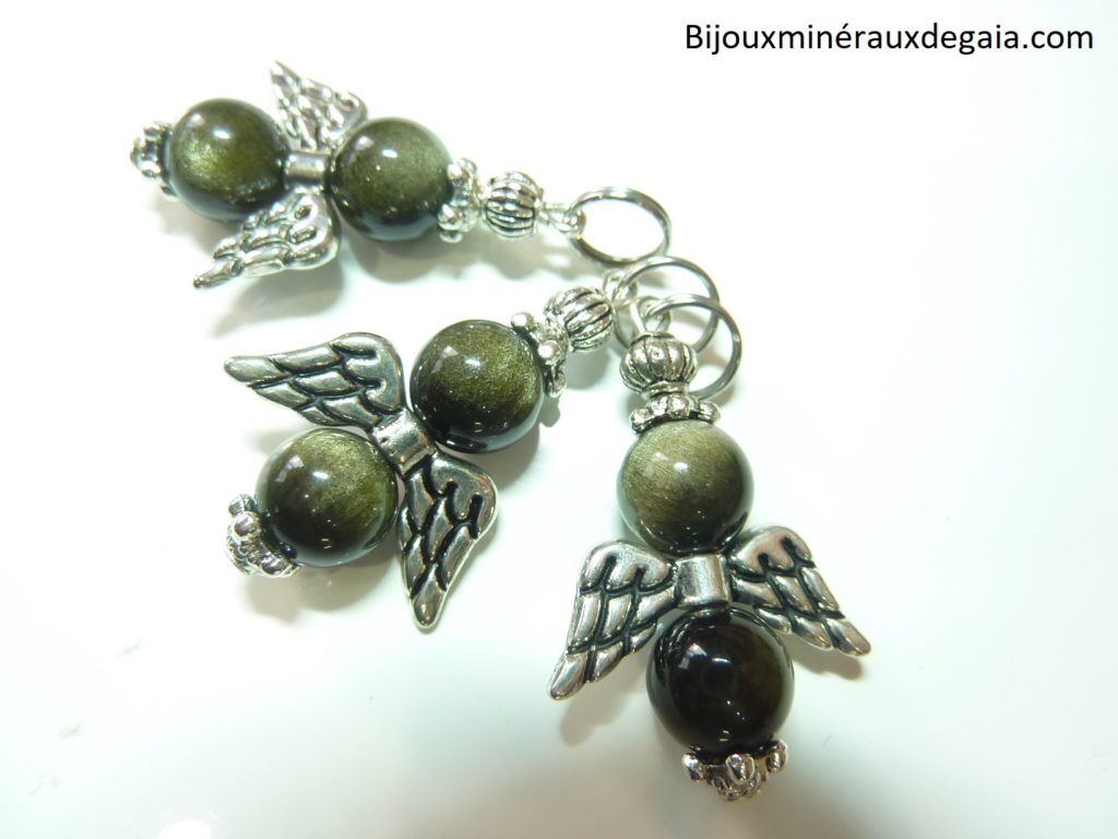 Pendentif Obsidienne dorée ange Perles rondes 8 mm
