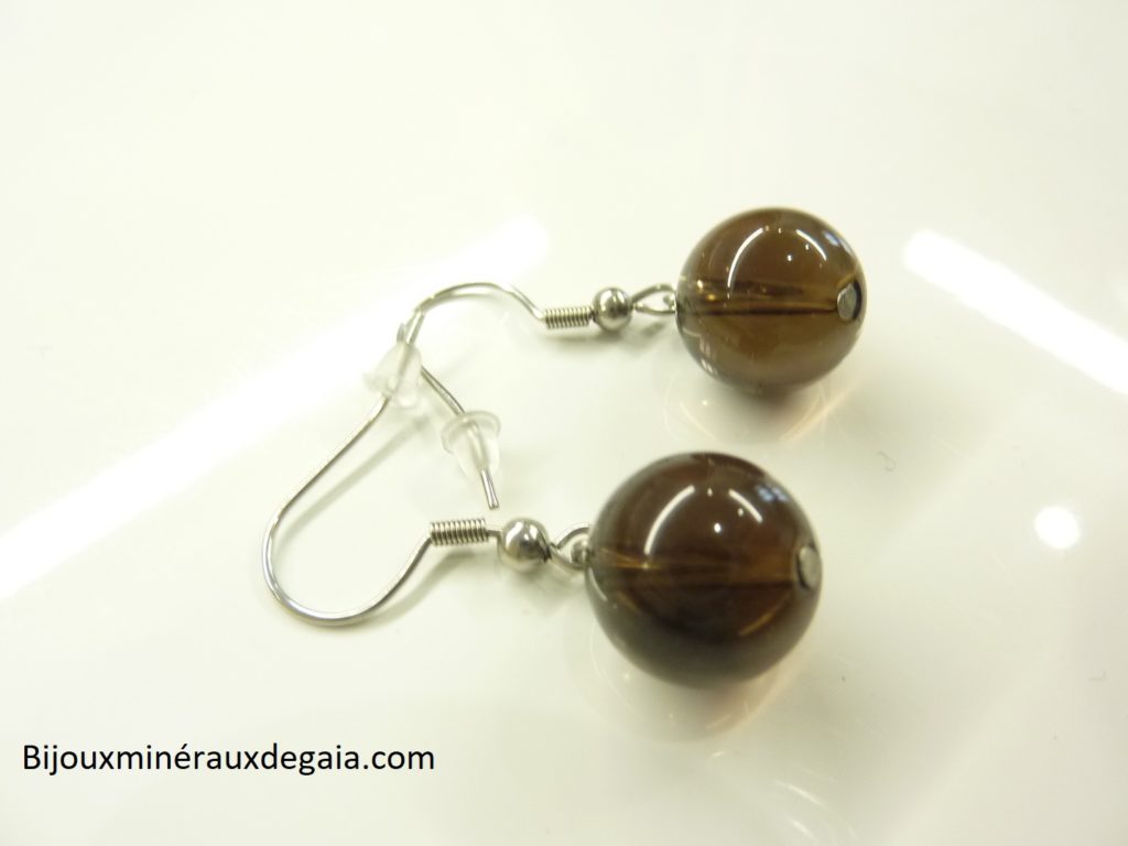 Boucles d'oreilles quartz fumé - Perles rondes 12 mm