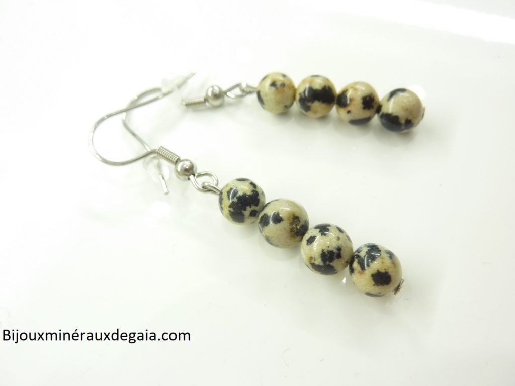 Boucles d'oreilles Jaspe Dalmatien - Perles rondes 6 mm
