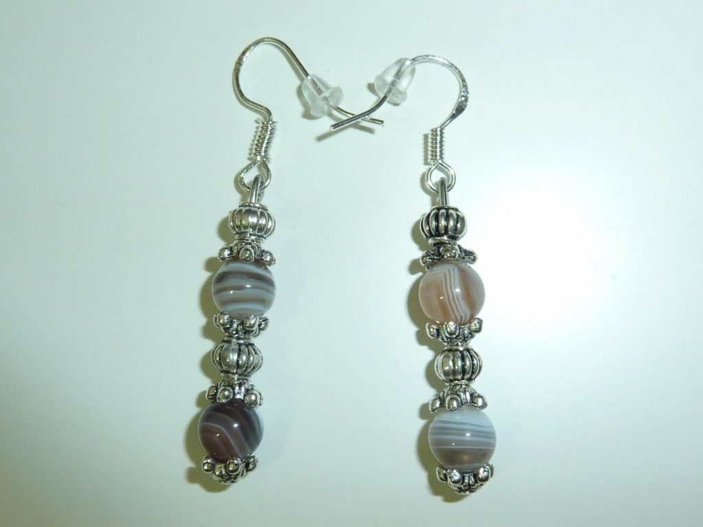 Boucles d'oreilles Agate Botswana - perles rondes 6 mm