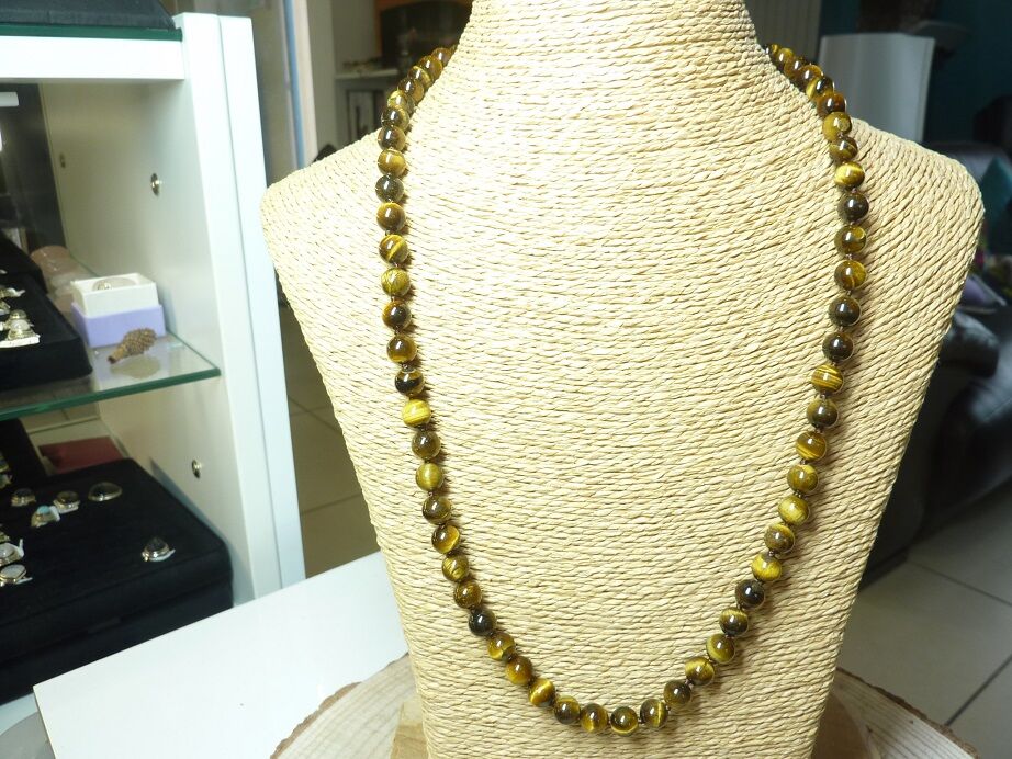 Collier Oeil de tigre - perles rondes 8 mm L 64 cm